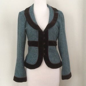 Nanette Lepore Blue Brown Velvet Trim Blazer 8
